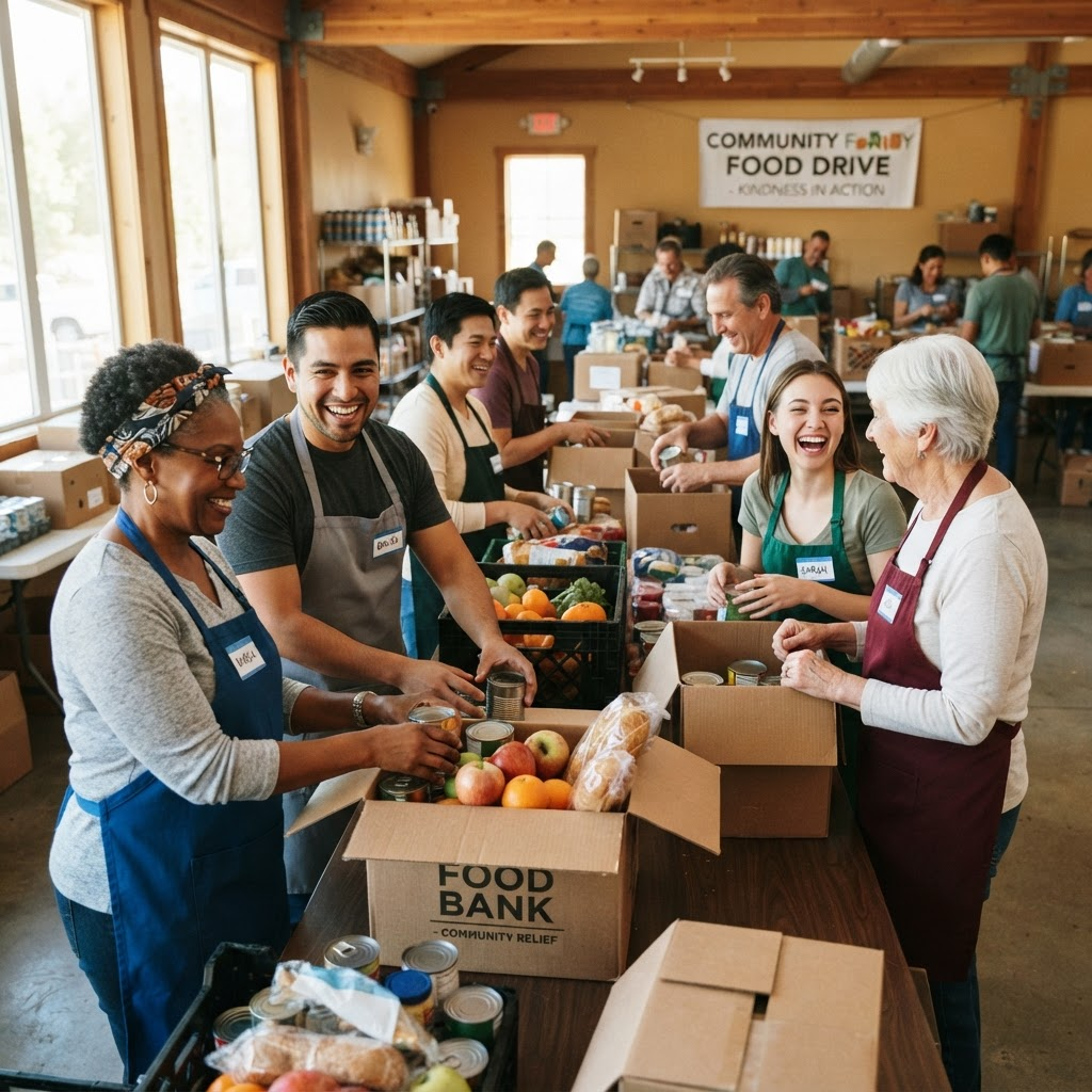 Community volunteers packing boxes of groceries together