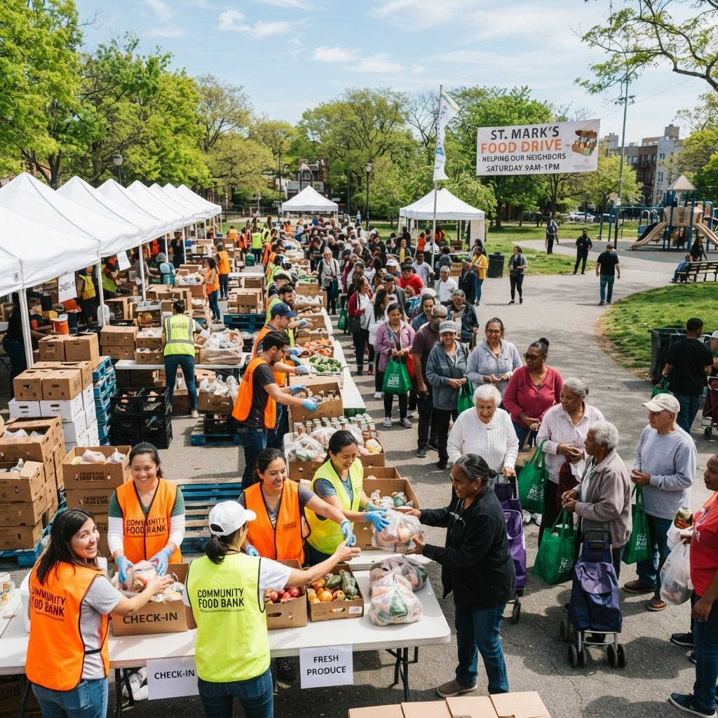 A busy outdoor community food distribution event
