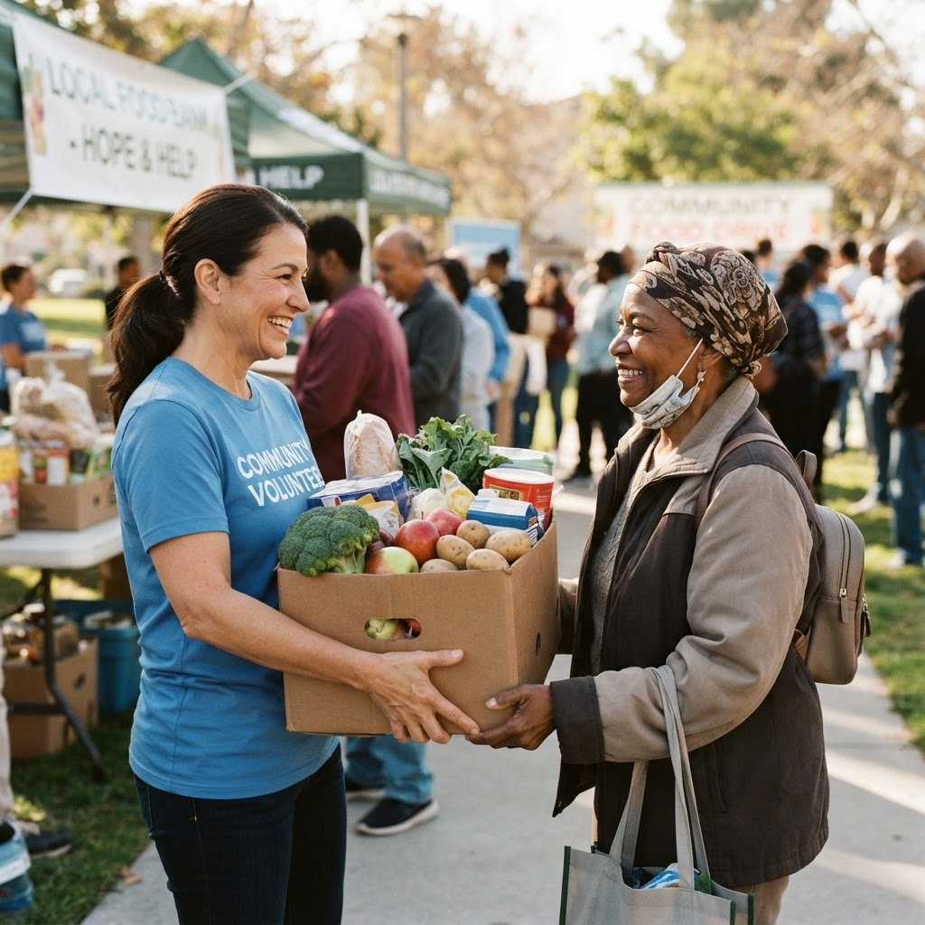 A volunteer handing a box of fresh groceries to a community member